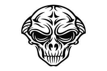 Tribal Skull Illustration, Monochrome Tattoo Design, Abstract Black Shapes, Intricate Ornament