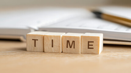 Concept for time management with wooden blocks on desk. The blocks spell “TIME” in front of an open book with a pencil. Symbolic of scheduling and planning your days.