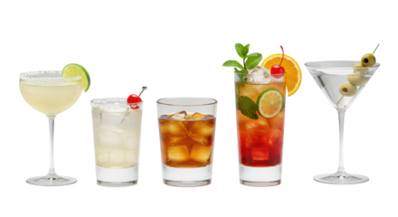precisely arranged row of five hyperrealistic non-alcoholic cocktails (mocktails) featuring salt rims, crushed ice, cherries, and olives, on a white seamless background, concept for premium bar menu