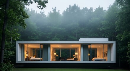 Modern minimalist white house with floor to ceiling glass windows nestled in a misty green forest