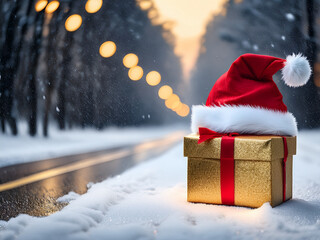 Weihnachtsgeschenk, im Hintergrund eine Winterlandschaft