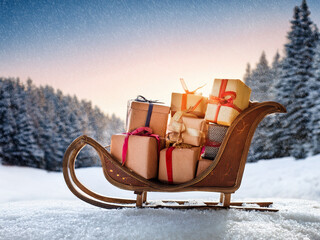 Ein Schlitten voller Geschenke in der Winterlandschaft