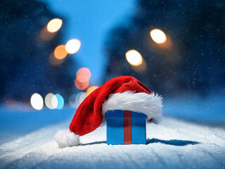 Weihnachtsgeschenk, im Hintergrund eine Winterlandschaft