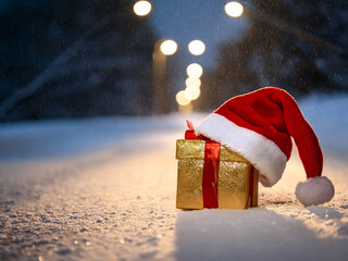 Weihnachtsgeschenk, im Hintergrund eine Winterlandschaft