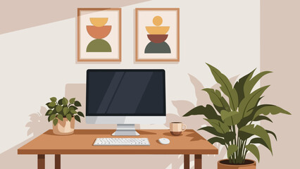 Fototapeta premium Modern home office setup featuring a computer, potted plants, and minimalist wall art