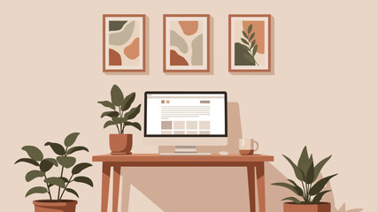 Cozy and minimalist home office interior design, featuring a comfortable workspace with a computer monitor, desk, and decorative plants, perfect for productivity and creative remote work