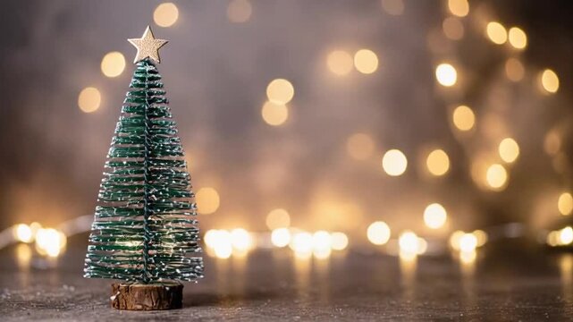 elegante de una peque&ntilde;a decoraci&oacute;n navide&ntilde;a compuesta por un &aacute;rbol de escritorio con efecto nevado y una estrella dorada con purpurina. Al fondo, luces c&aacute;lidas desenfocadas crean un ambiente acogedor