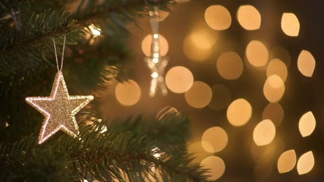 elegante de una peque&ntilde;a decoraci&oacute;n navide&ntilde;a compuesta por un &aacute;rbol de escritorio con efecto nevado y una estrella dorada con purpurina. Al fondo, luces c&aacute;lidas desenfocadas crean un ambiente acogedor