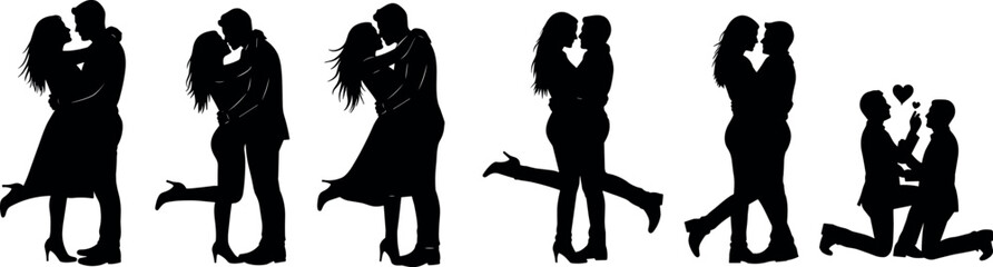 Romantic couple silhouette poses from embrace to proposal, love story progression, emotional moments, relationship stages, black vector illustration
