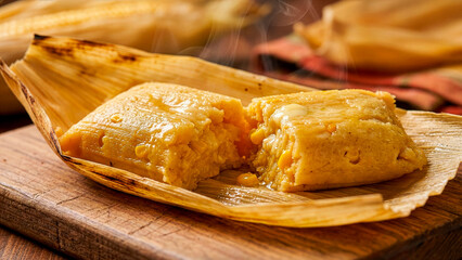 Close-Up of Steamed Corn Cake Wrapped in Corn Husk on Wooden Board