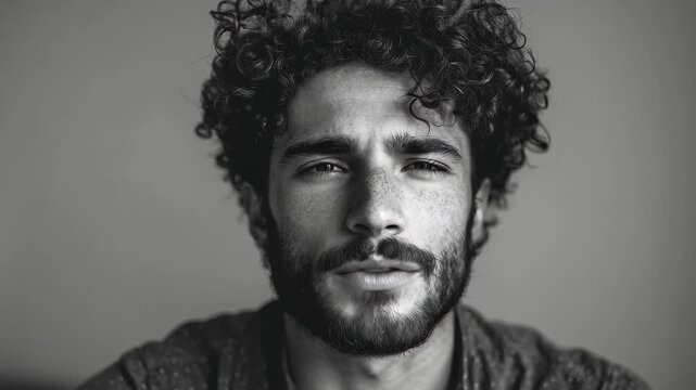 Young man with curly hair and a beard gazes thoughtfully into the distance against a neutral background