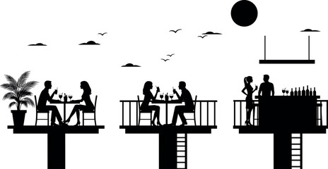 Romantic elevated bar scene with couples drinking, bartender serving drinks, sunset sky, birds flying, social interaction, silhouette vector illustration