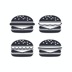 Burger Icons Set Isolated On White, Minimalist Style, Classic American Fast Food Design