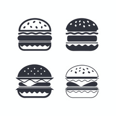 Four Burgers Icon, Isolated, Monochrome Fast Food, Bun with Sesame Seeds, Burger Stack