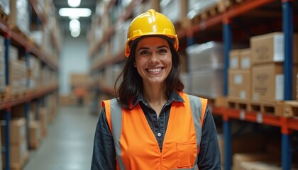 Smiling Latina warehouse worker in safety gear poses. Woman with hard hat and high visibility vest inside distribution center. Logistics and storage concept. Female employee at work smiling