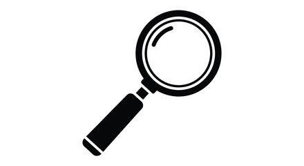 A simple black magnifying glass illustration in a distinct silhouette