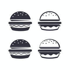 Burger Icons Set, Food Symbol, Isolated Fast Food, Black & White Silhouette, Meal Concept