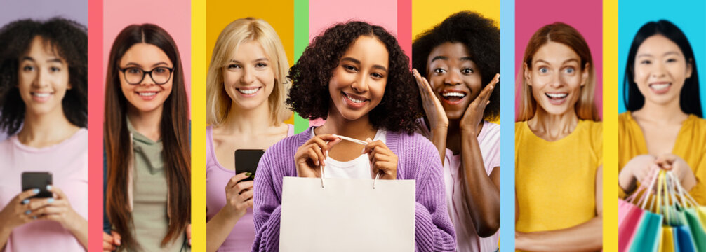 A vibrant collage features a diverse group of women enjoying a shopping experience.