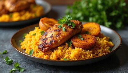 Plate of chicken and rice. Cooked chicken breast served with yellow rice, potatoes and herbs. Delicious food for lunch, dinner. Restaurant serves prepared gourmet meal with meat and garnish.