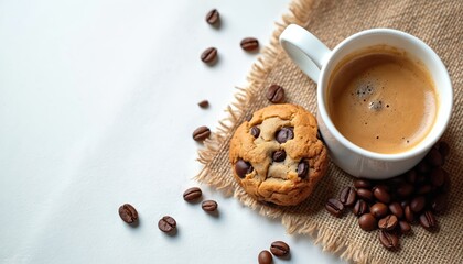 White cup of hot espresso coffee stands beside yummy chocolate chip cookie. Fresh roasted coffee beans, rustic burlap fabric create warm, inviting morning scene. Isolated top view presents perfect