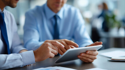 Faceless coworkers talking over digital tablet together office collaboration discussion professional teamwork communication business strategy planning corporate cooperation