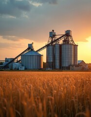Golden wheat field near industrial grain silos at sunset. Agricultural infrastructure with storage processing equipment. Farming industry with silos in rural landscape at harvest.