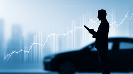 Silhouette of a businessman analyzing market data on a tablet against a rising graph and a blurred car background, suggesting financial growth in the automotive industry.