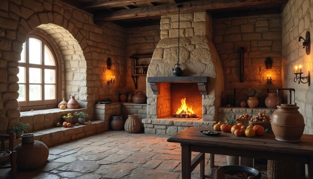 Rustic stone kitchen in medieval home with big fireplace. Bright fire burns inside creating cozy warm atmosphere. Wooden table with food, ancient pottery, candlelight decorates antique room interior