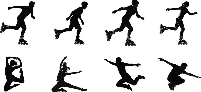 Silhouettes of inline skaters in dynamic movement and various poses