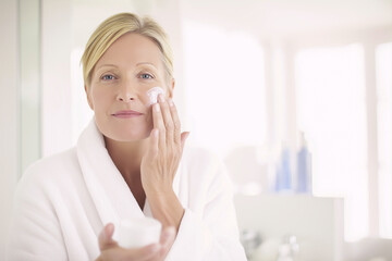 Female applying skincare in bright bathroom, surrounded by elegant bottles and soft lighting, creating a tranquil atmosphere for self-care and beauty