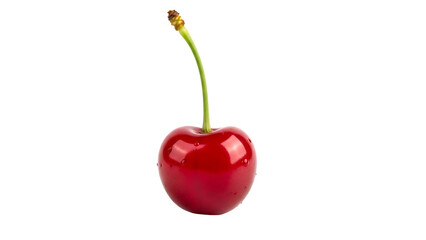 Single ripe red cherry with a long green stem, isolated on transparent background