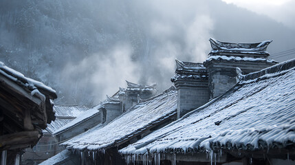 Snowy rooftops under a foggy sky create a serene scene. Icicles hang from the eaves, while smoke rises, adding to the enchanting winter ambience. The landscape is truly beautiful.