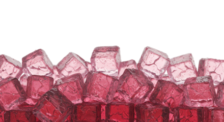 Hyper-realistic macro view of densely piled, cascading rose-pink fractured ice cubes, wet and glistening, forming a sharp foreground border against vast white copy space. High-end refreshment