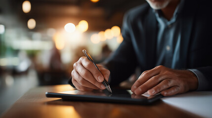 Faceless businessman hands writing notes on tablet planning and proposal work report and project development online research task corporate administration schedule defocused