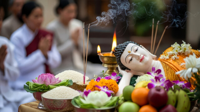Parinirvana Day celebration with a reclining Buddha statue, floral offerings, rice, incense, and praying Buddhists in the background.