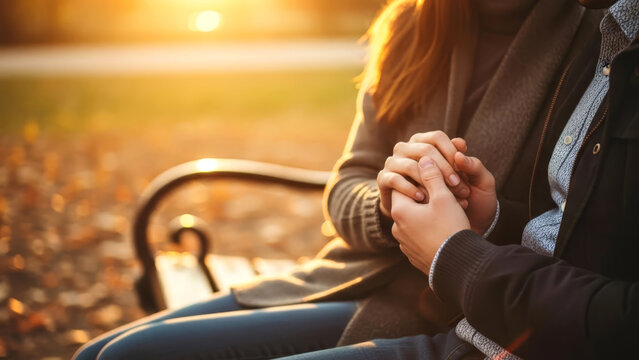 Couple holding hands tightly on a park bench during a romantic autumn sunset.
