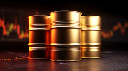 Three golden oil barrels stand against the backdrop of a financial chart, symbolizing the intersection of energy and economics in a visually striking composition.