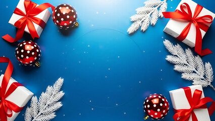 Obraz premium Christmas gift boxes and red ornament decoration on blue background