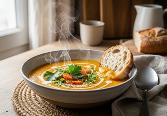 Steaming bowl of vegetable soup with bread slice and fresh herbs on a table