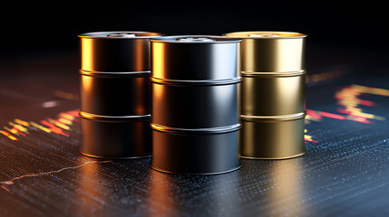 A 3D render showcases stacks of metallic barrels with financial charts. The composition highlights concepts of commodities, energy markets, and investment analysis with a dark background.
