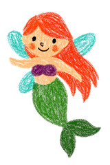 Adorable Hand-Drawn Mermaid Fairy Cartoon Character &mdash; Cute Mythical Fantasy Creature with Red Hair, Green Tail, and Blue Wings, Smiling Happily in Childlike Crayon and Doodle Style,
