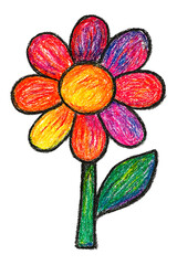 Adorable Hand-Drawn Flower Illustration &mdash; Colorful Blossoming Bloom with Petals, Stem, and Leaf in Childlike Crayon and Colored-Pencil Sketch Style, Playful, Cheerful, Vibrant, and Bright, Perfect for