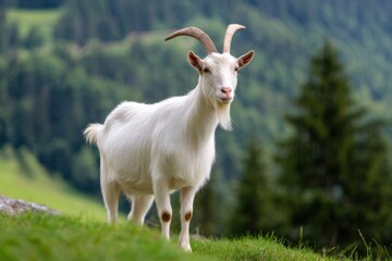 Obraz premium White horned goat standing on lush green grass under bright sunlight, surrounded by trees and mountains, showcasing the beauty of nature and wildlife in a serene environment