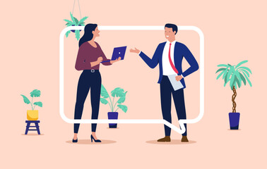 Professional businessman and businesswoman communicating in an office setting enclosed in a speech bubble, flat design vector illustration for business communication and workplace discussion concept