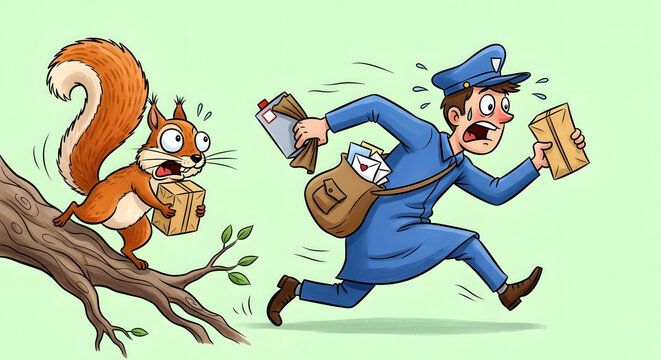 A funny cartoon illustration of a scared mailman running from a squirrel. Humorous chase scene with a postman and an animal stealing a package. Mail delivery problem concept
