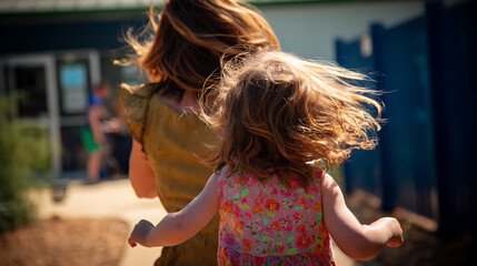 Mother and daughter are walking away from the camera. The child's hair is flying in the wind. The child is wearing a floral dress and the mother is wearing a yellow dress.