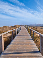 Wooden boardwalk path stretching into the distance over a landscape of dry grass and sand dunes under a clear blue sky with whispy white clouds. Connection to nature in Quiaios, Portugal