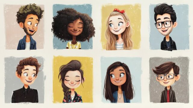 Hand drawn portraits of diverse people displayed in playful grid convey creativity individuality friendship and inclusive lifestyle with artistic illustration style