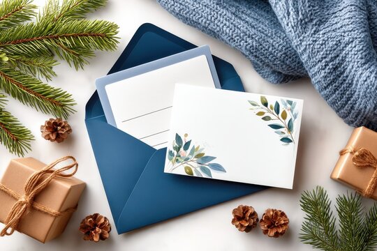 Blue envelope with blank postcard among festive greenery, gifts, and coffee on a marble surface - Powered by Adobe