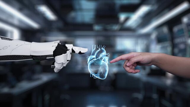 Robot and human reaching hand and pointing finger with heart holographic floating. Close up of robot hand and human working together while pointing finger at blurred laboratory background. Salubrious.